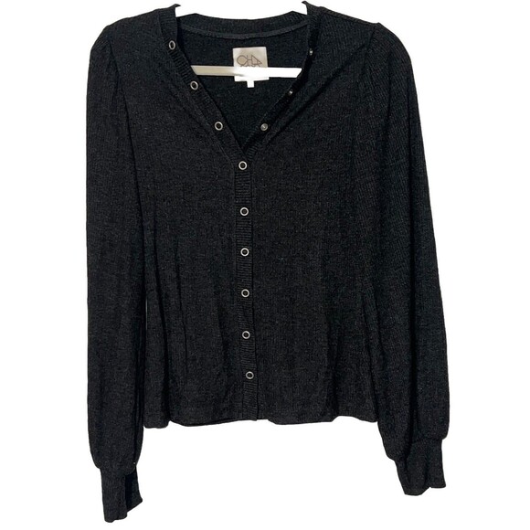 Chaser Snap Button Shirt Size Small Charcoal Gray Puff Sleeves Ribbed - Picture 1 of 6